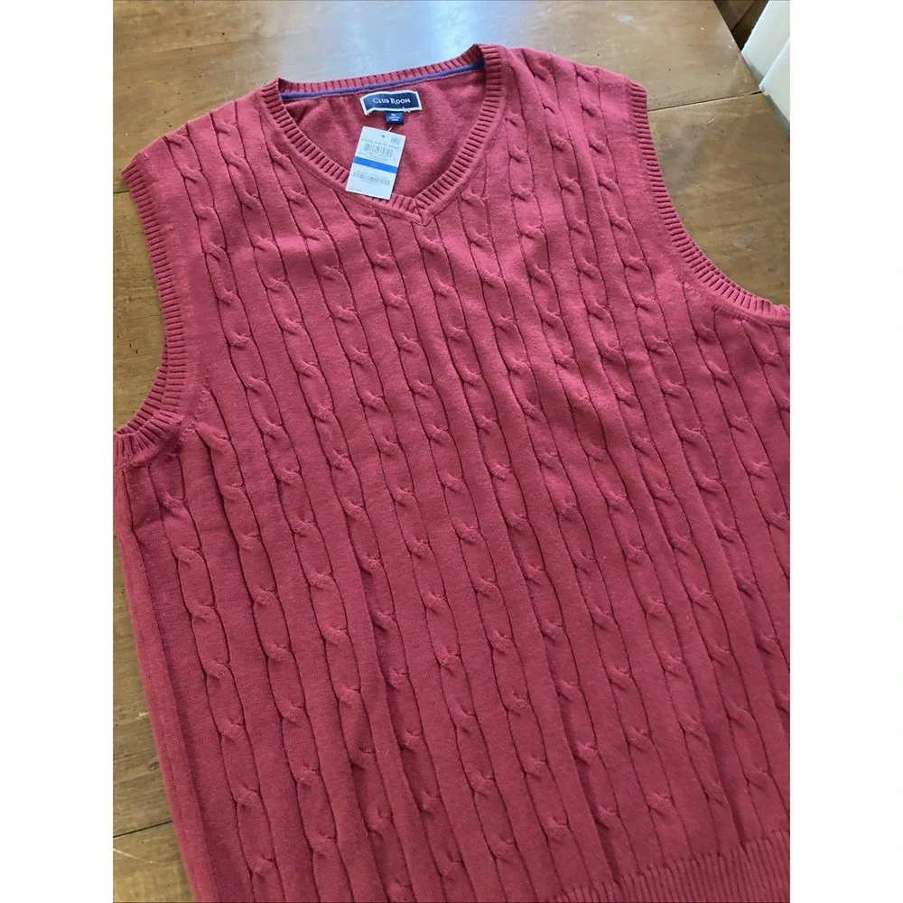 Club Room Cotton Sweater Vest Mens Sz‎ XL New Red V-Neck Cable-Knit Pullover
